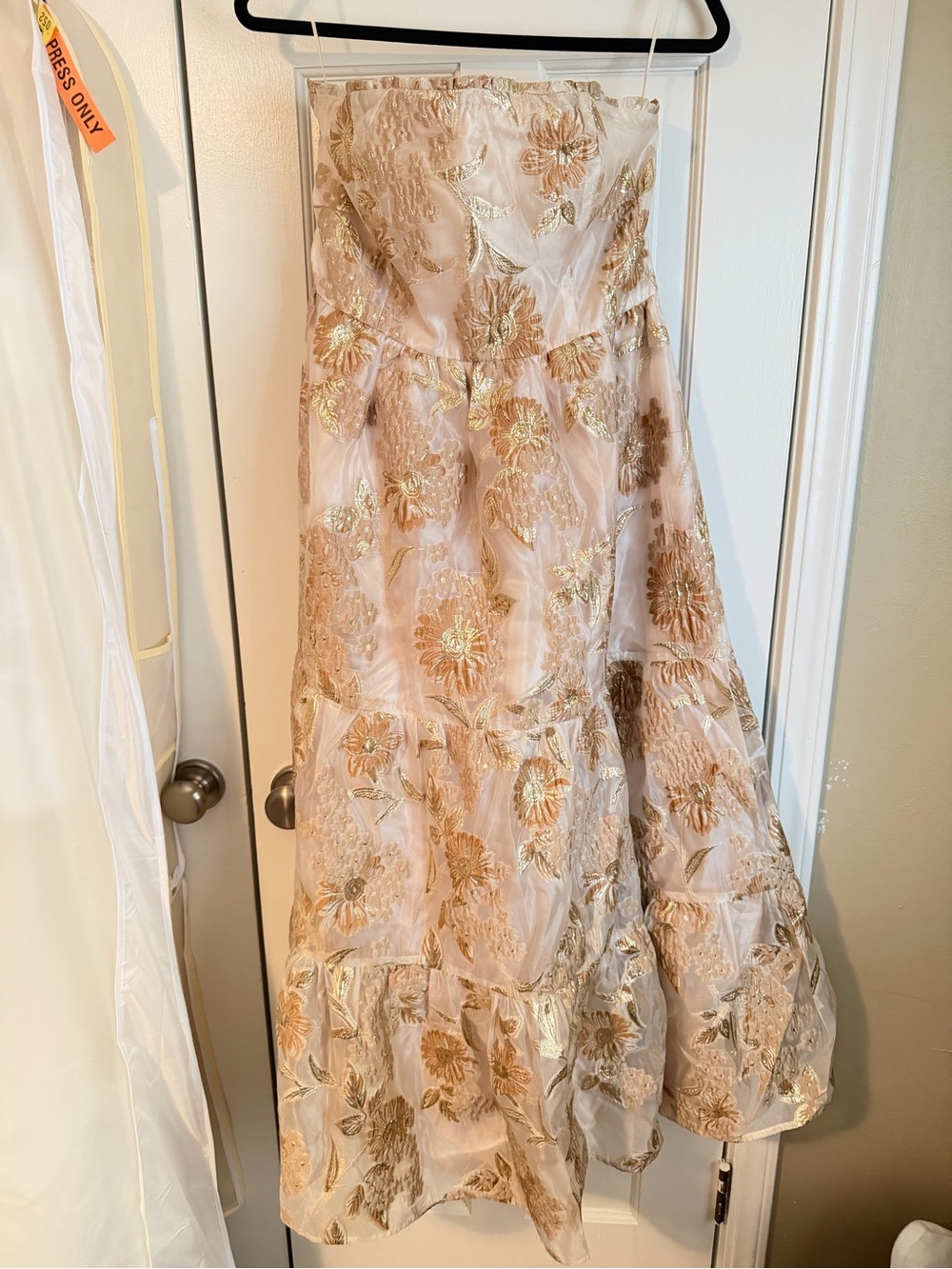 Strapless cream and Gold Floral Party Dress